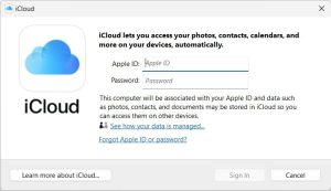 تسجيل الدخول باستخدام معرف Apple في iCloud لـ Windows.